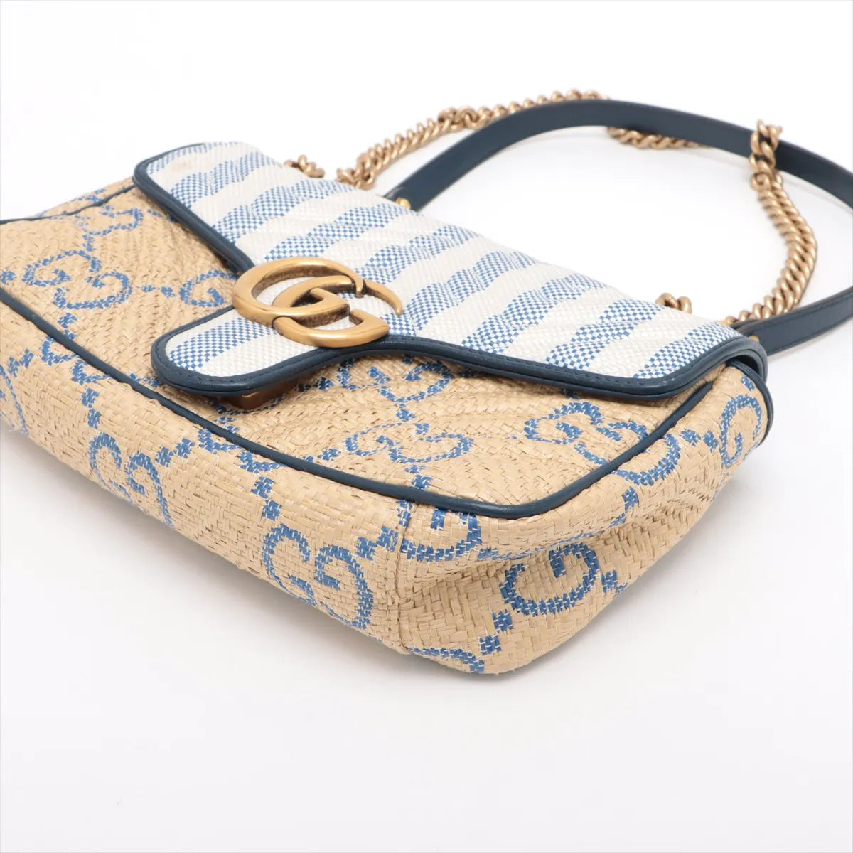 Gucci GG Marmont raffia x leather Chain Shoulder Bag Beige x blue 443497