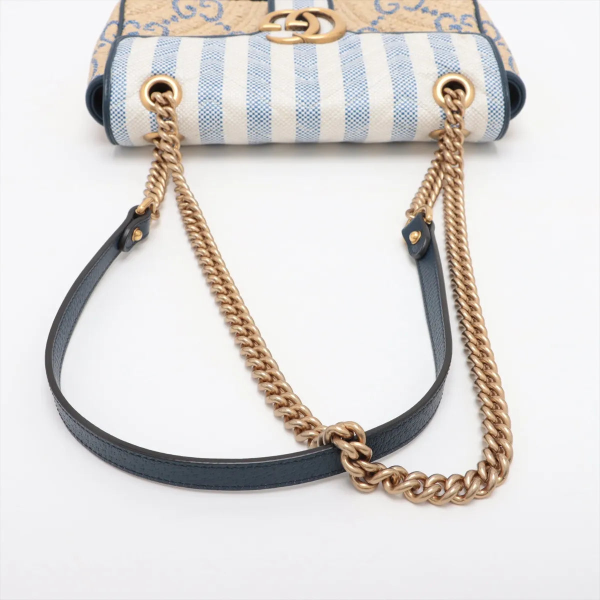 Gucci GG Marmont raffia x leather Chain Shoulder Bag Beige x blue 443497