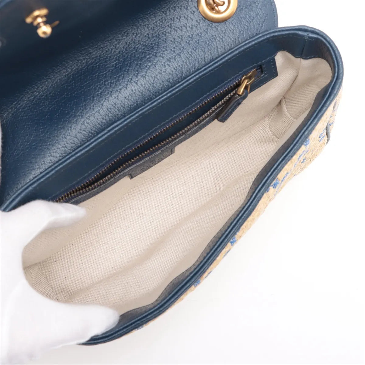 Gucci GG Marmont raffia x leather Chain Shoulder Bag Beige x blue 443497