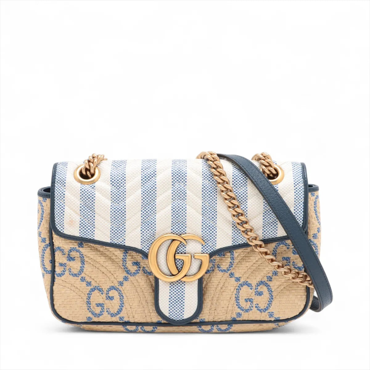 Gucci GG Marmont raffia x leather Chain Shoulder Bag Beige x blue 443497
