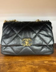 CHANEL black 19 medium size flap crossbody bag silver/gold hardware with seal series 30