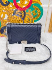 CHANEL navy large size size leboy silver hardware with seal and card series 22