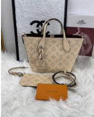 LOUIS VUITTON cream mahina bella nano beige perforated leather silver hardware with pouch, strap and card