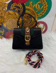 GUCCI black sylvie top handle bag black leather gold hardware with sherryline stripe andstrap