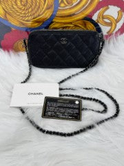 CHANEL black caviat classic zip pouch on chain ruthenium hardware with seal and card series 25
