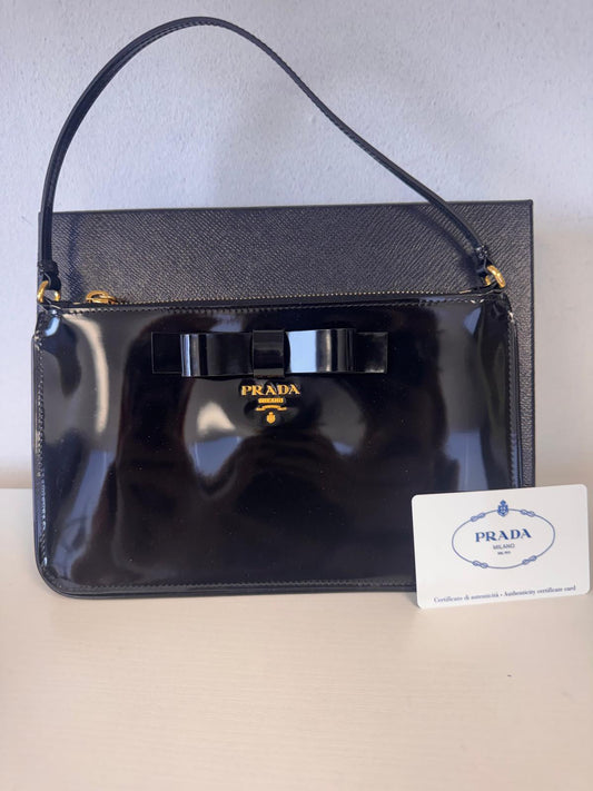 PRADA Black Patent Bow Clutch - Full Set