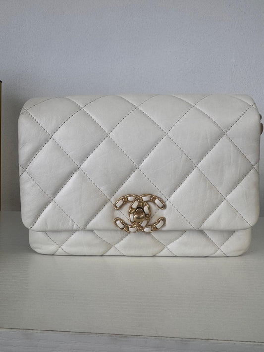 Chanel White Aged Calf Leather 19 Flap