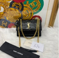 YSL black calf skin croco embossed flap bag
