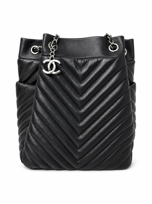 Chanel Black Calf Leather Chevron Bucket Bag