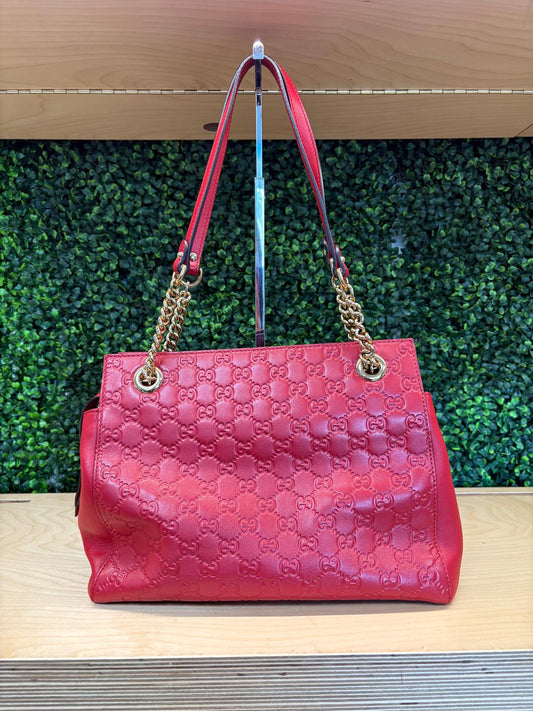 Gucci GG Red Leather Bucket Tote