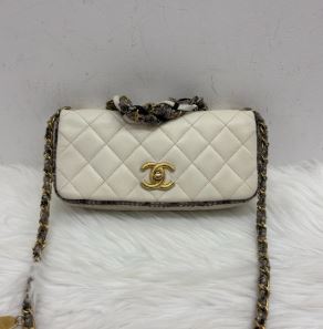 Chanel White Lambskin and Tweed Quilted East-West Flap Crossbody - Series 14