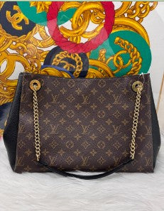 LOUIS VUITTON monogram black leather pallas tote gold hardware