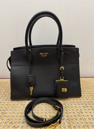 PRADA black saffiano leather Paradigme tote bag gold hardware with shoulder strap