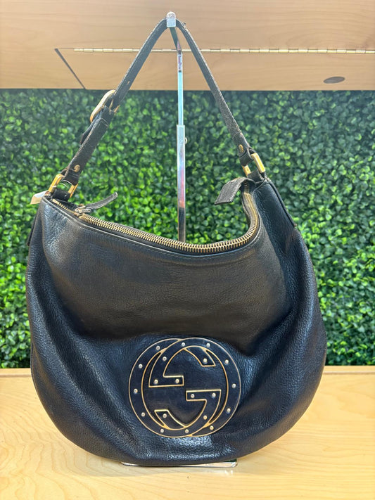 GUCCI Interlocking Shoulder Bag Leather Black Gold 121548 Auth 139643