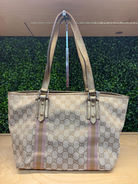 GUCCI GG Canvas Sherry Line Tote Bag Beige Gold 137396 Auth 138114