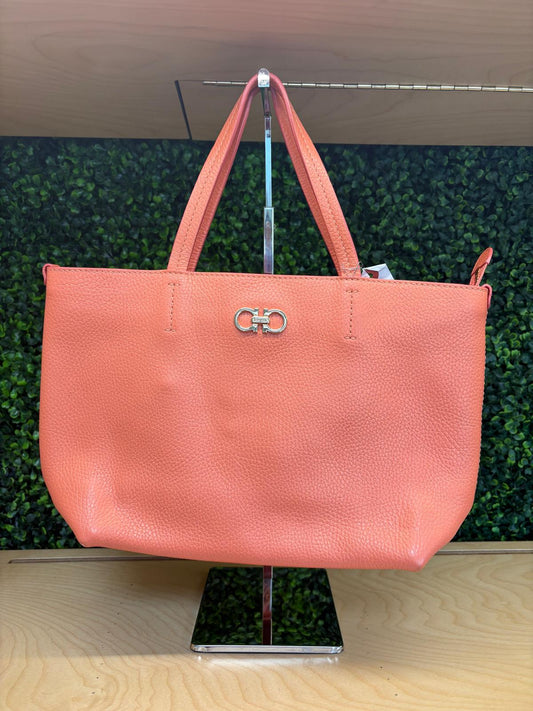 Salvatore Ferragamo Gancini Tote Bag Leather Orange Gold Auth 137175