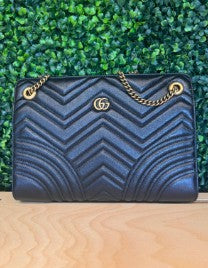 Gucci Azalea Calfskin Matelasse Heart Medium GG Marmont Slim Shoulder Bag Black