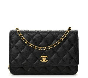 Chanel Quilted CC Turnlock WOC In Black Calf Leather & Charms Chain