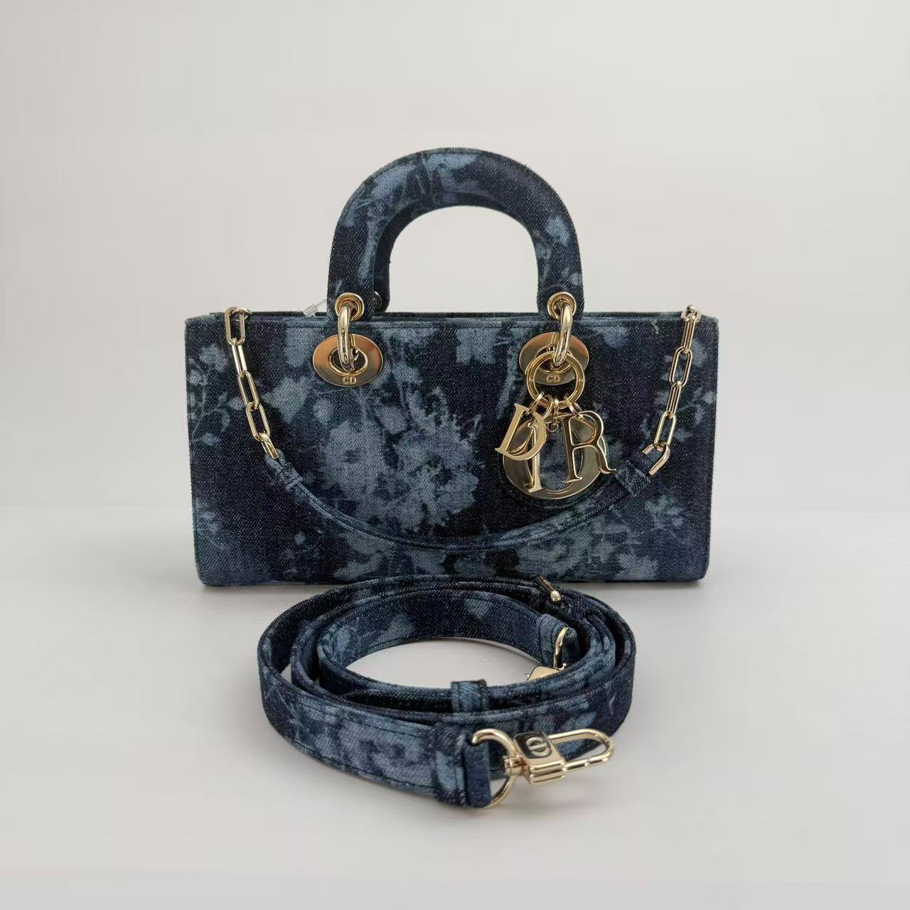 Dior Blue D-Lite Lady Dior with Champagne Gold Hardware, Shoulder Strap, and Crossbody Strap - SKU: LSCJ082600115