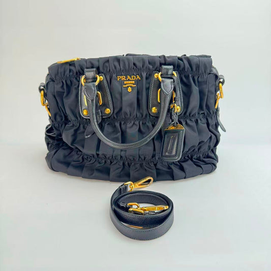 Prada Nylon Pleated Bag with Gold Hardware and Shoulder Strap - SKU: LSCJ082600168