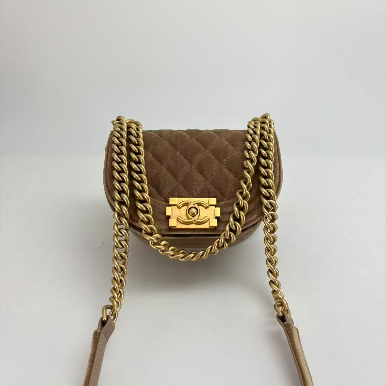 Chanel Brown Velvet Le Boy Crossbody with Gold Hardware, Microchipped - SKU: LSCJ082600174