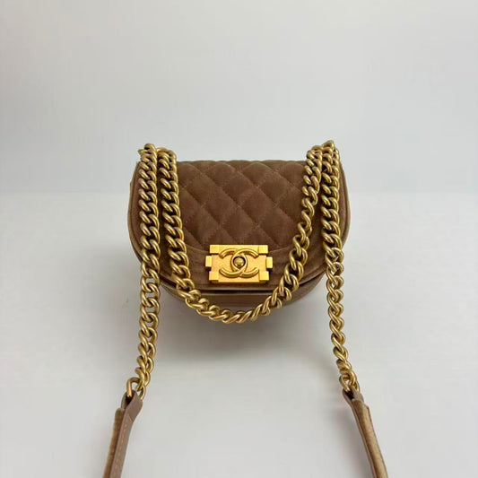 Chanel Brown Velvet Le Boy Crossbody with Gold Hardware, Microchipped - SKU: LSCJ082600174