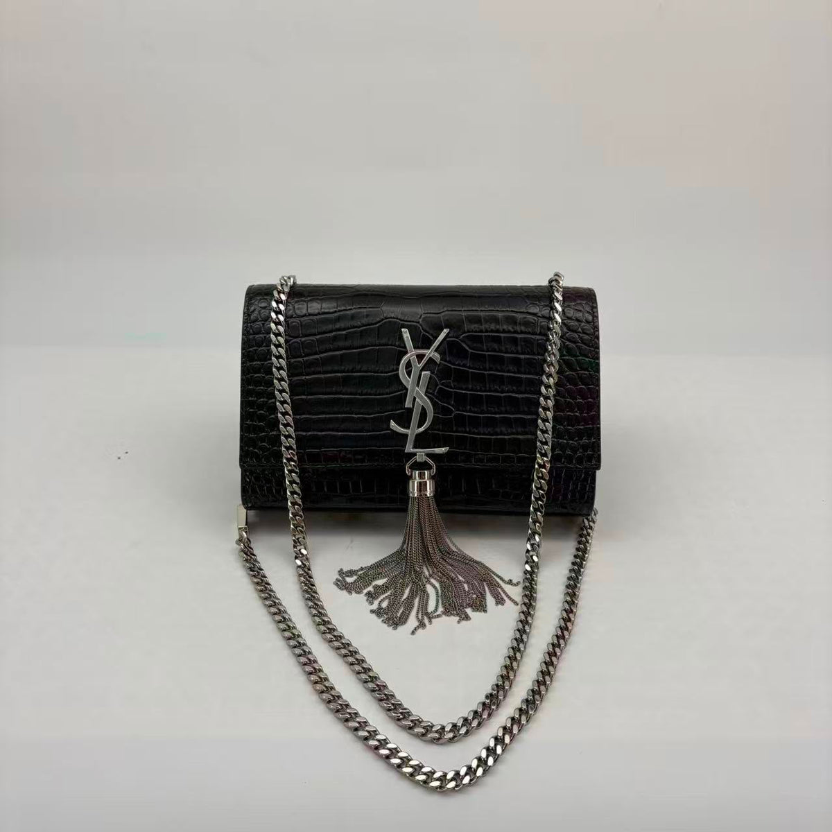 Saint Laurent Crocodile-Embossed Kate Bag, Black Crocodile-Embossed Leather, Tassel Detail