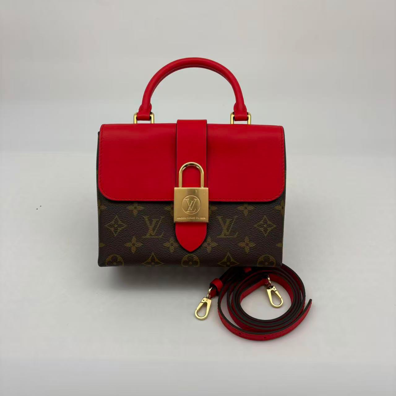 Louis Vuitton Red Monogram Locky Bag, Classic Monogram Canvas, Red Leather Trim, Microchipped