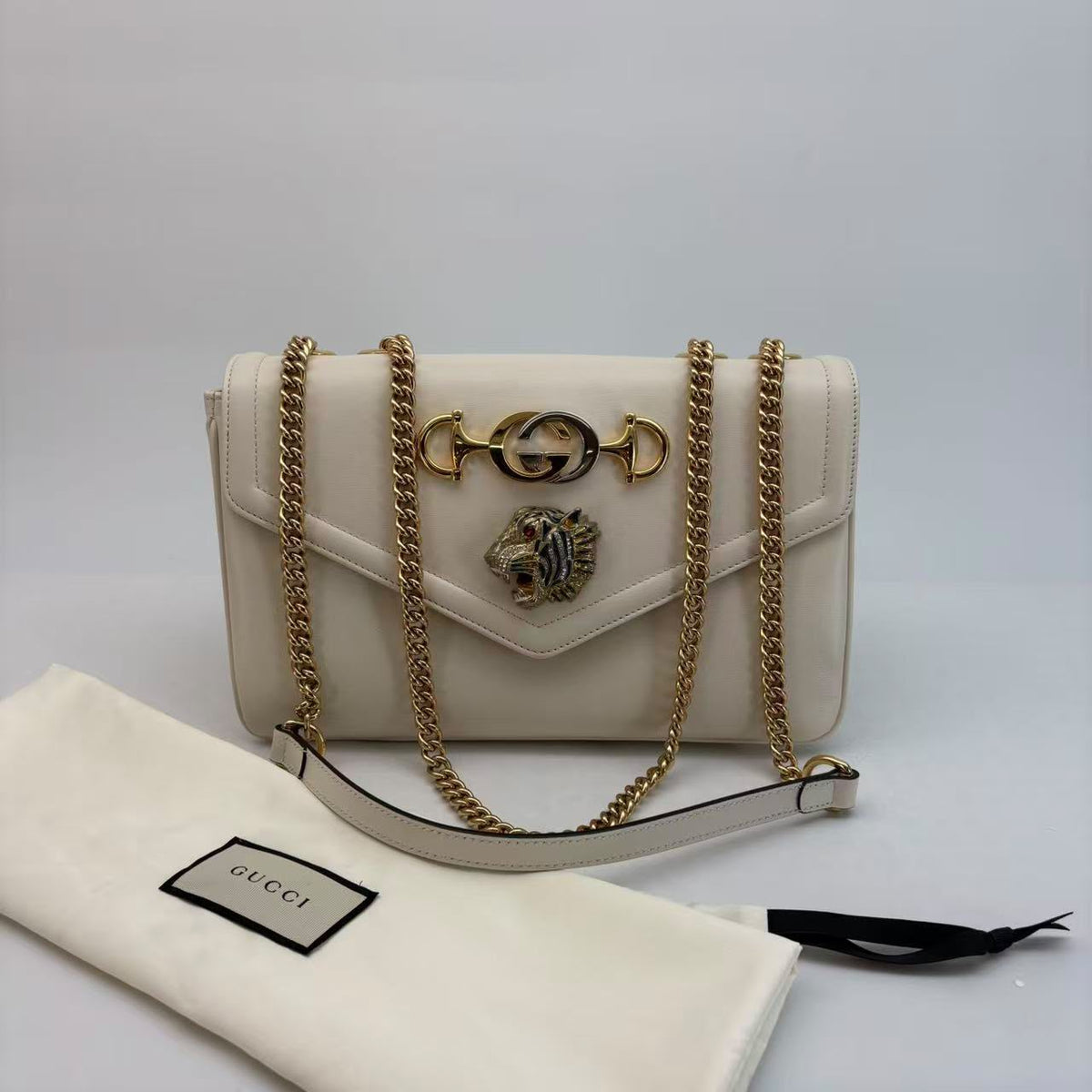 Gucci White Calfskin Envelope Flap Bag — Gold Hardware, With Dust Bag