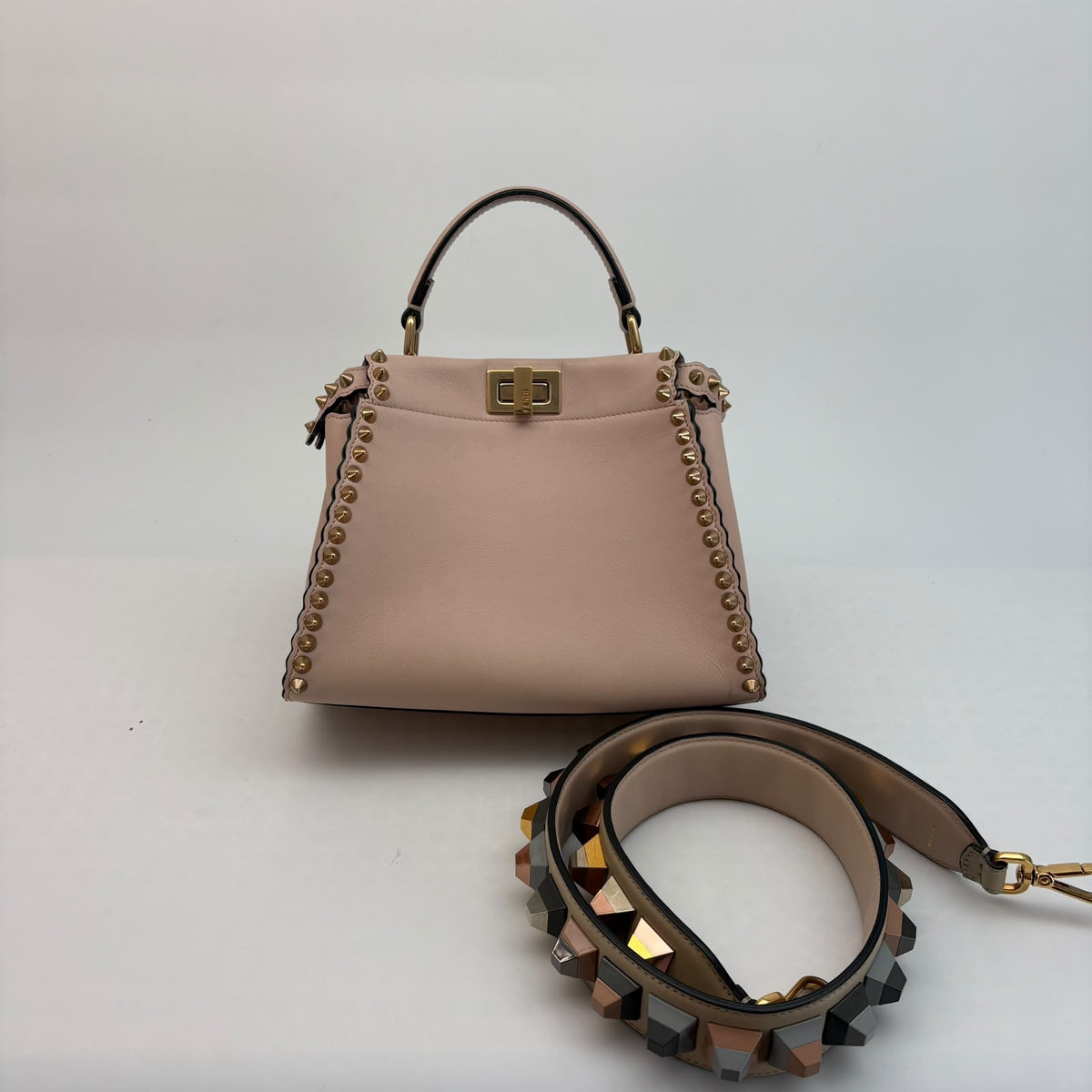 Fendi Nude Pink Small Peekaboo With Studs — With Crossbody Strap