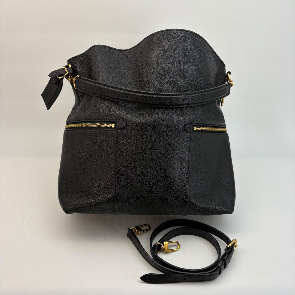 Louis Vuitton Black Empreinte Mélie Tote — Gold Hardware, With Name Tag & Strap