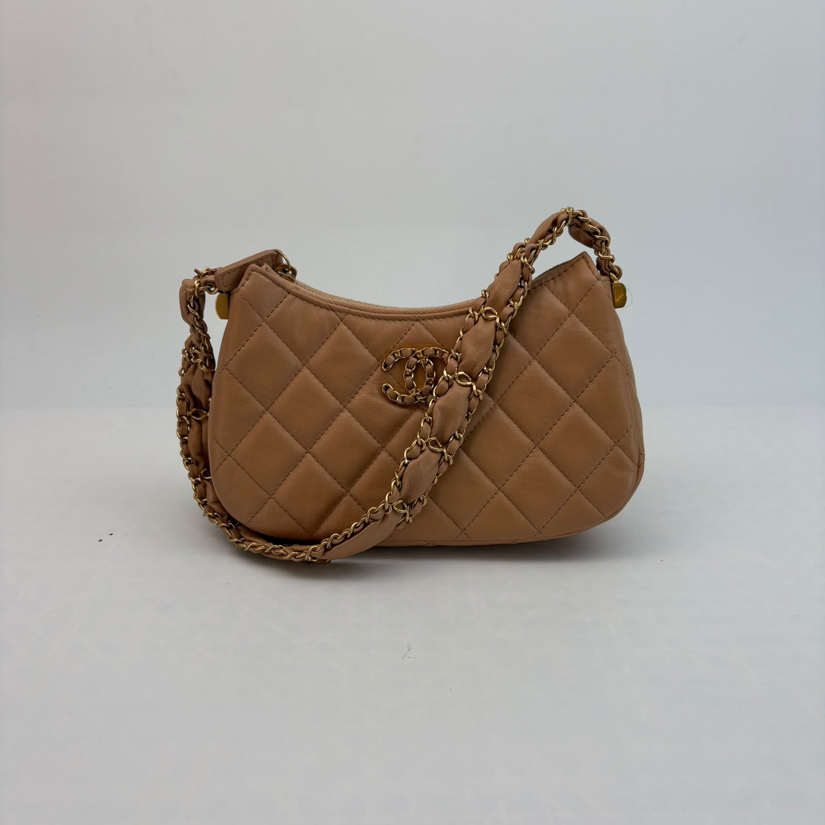 Chanel Beige 19 Hobo — Aged Calfskin, Gold Hardware, Microchipped