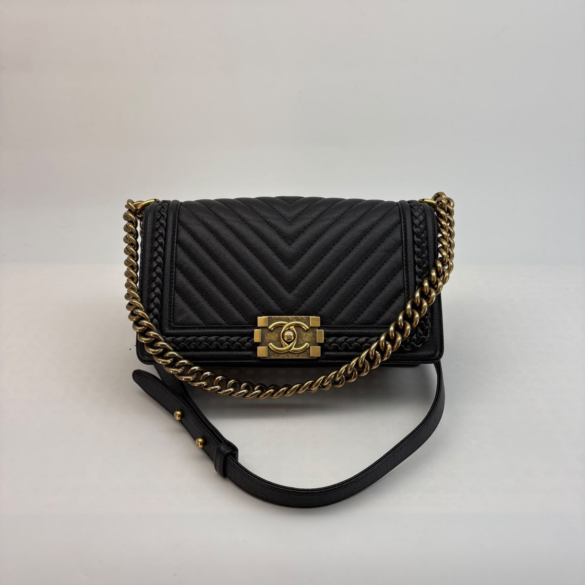 Chanel Black Caviar Chevron Braided Medium Le Boy — Antique Gold Hardware, With Seal, Series 24