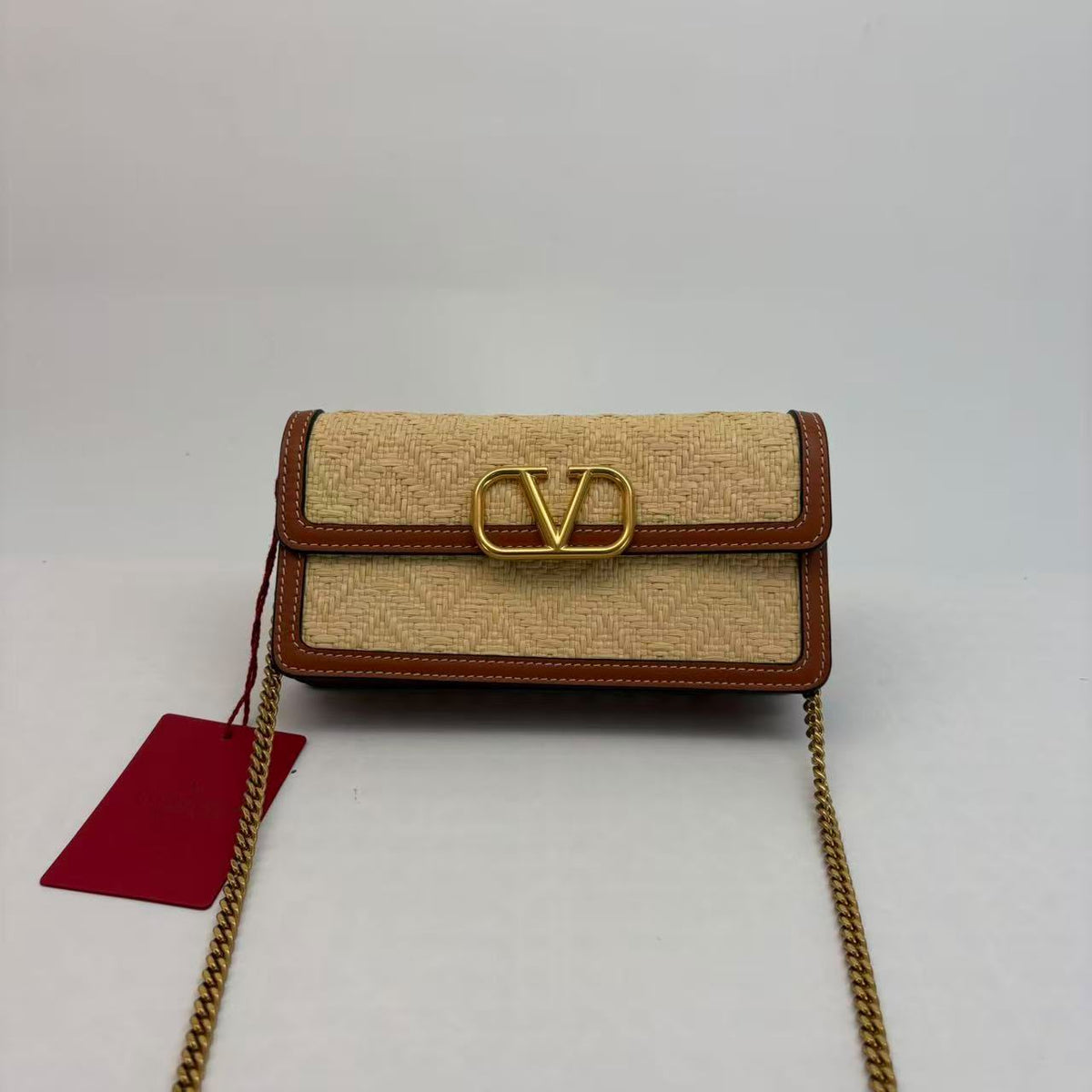 Valentino Raffia Wallet on Chain — Gold Hardware, With Detachable Strap