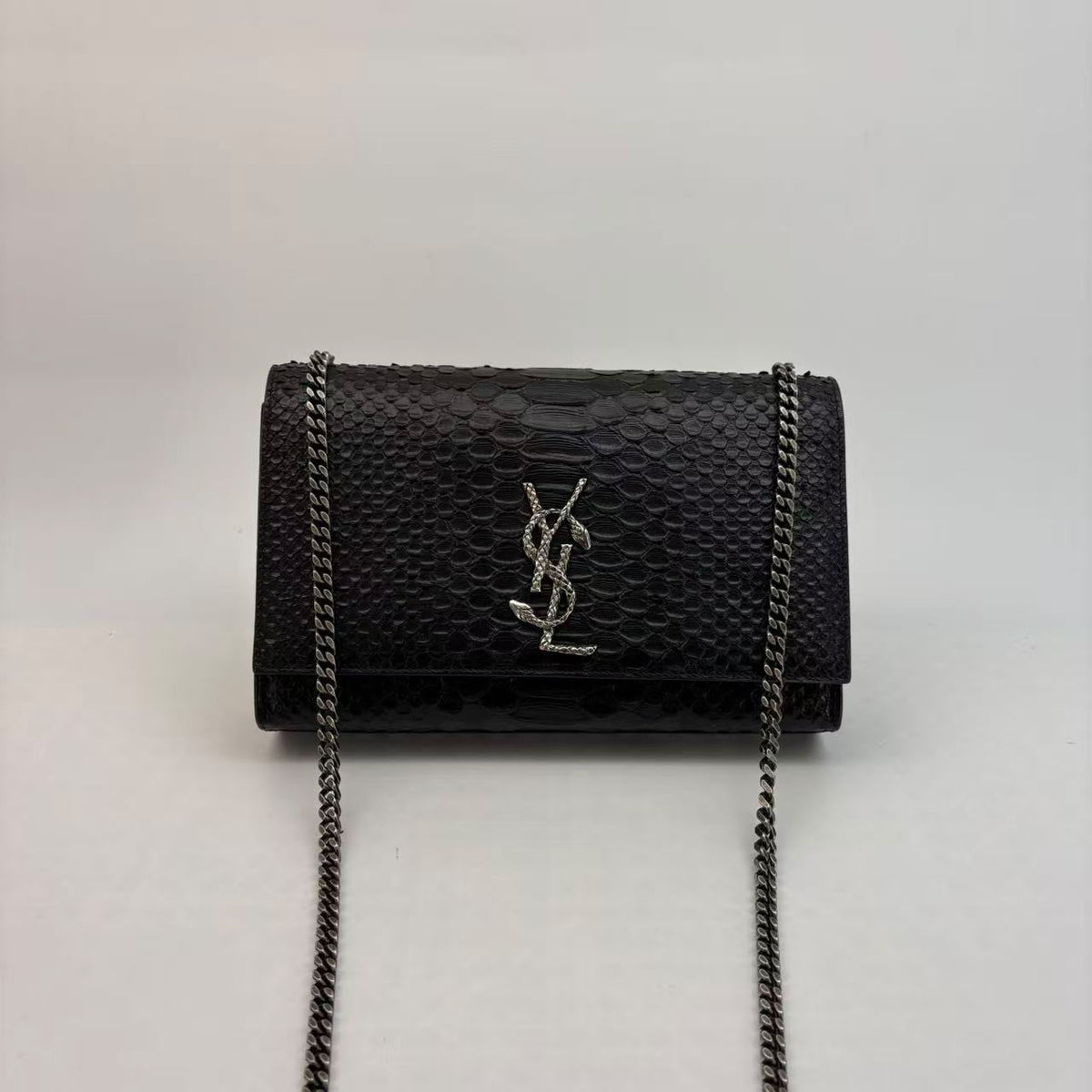 Saint Laurent Black Medium Python-Embossed Crossbody — Silver Hardware
