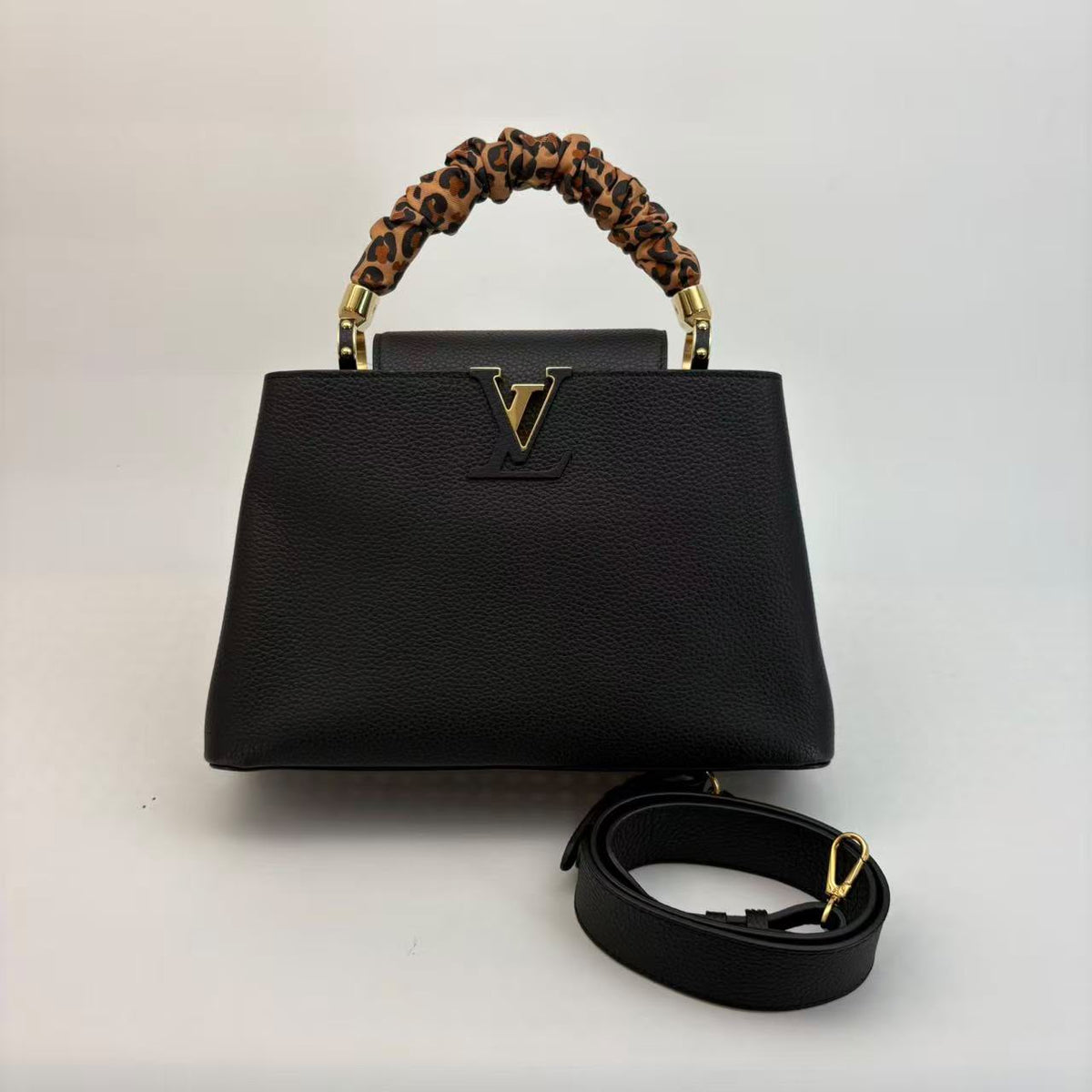 Louis Vuitton Black Limited Edition Calf Leather Capucines MM — Leopard Handle, Gold Hardware, With Strap