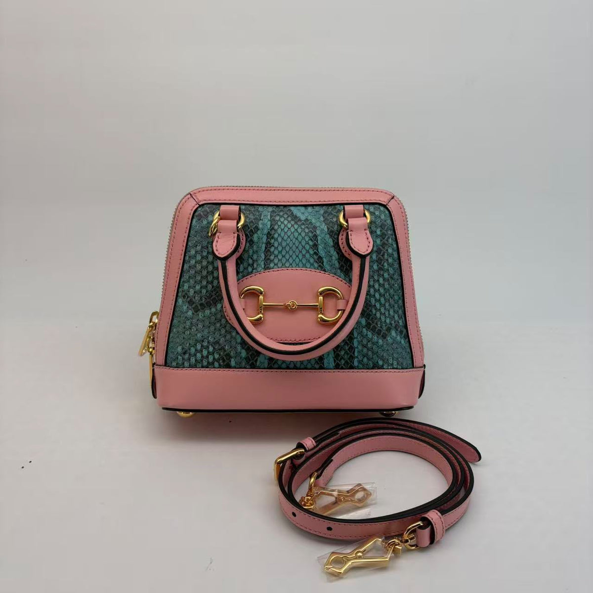 Gucci Pink/Blue Calf Leather & Python 1955 Horsebit Crossbody — Gold Hardware, With Strap