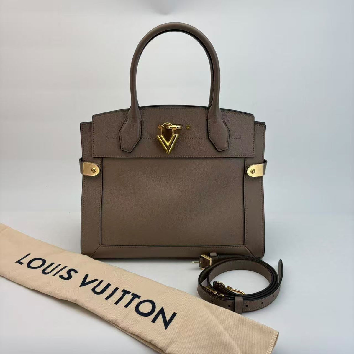 Louis Vuitton Grey Calf Leather City Steamer Bag — Gold Hardware, With Strap & Dust Bag