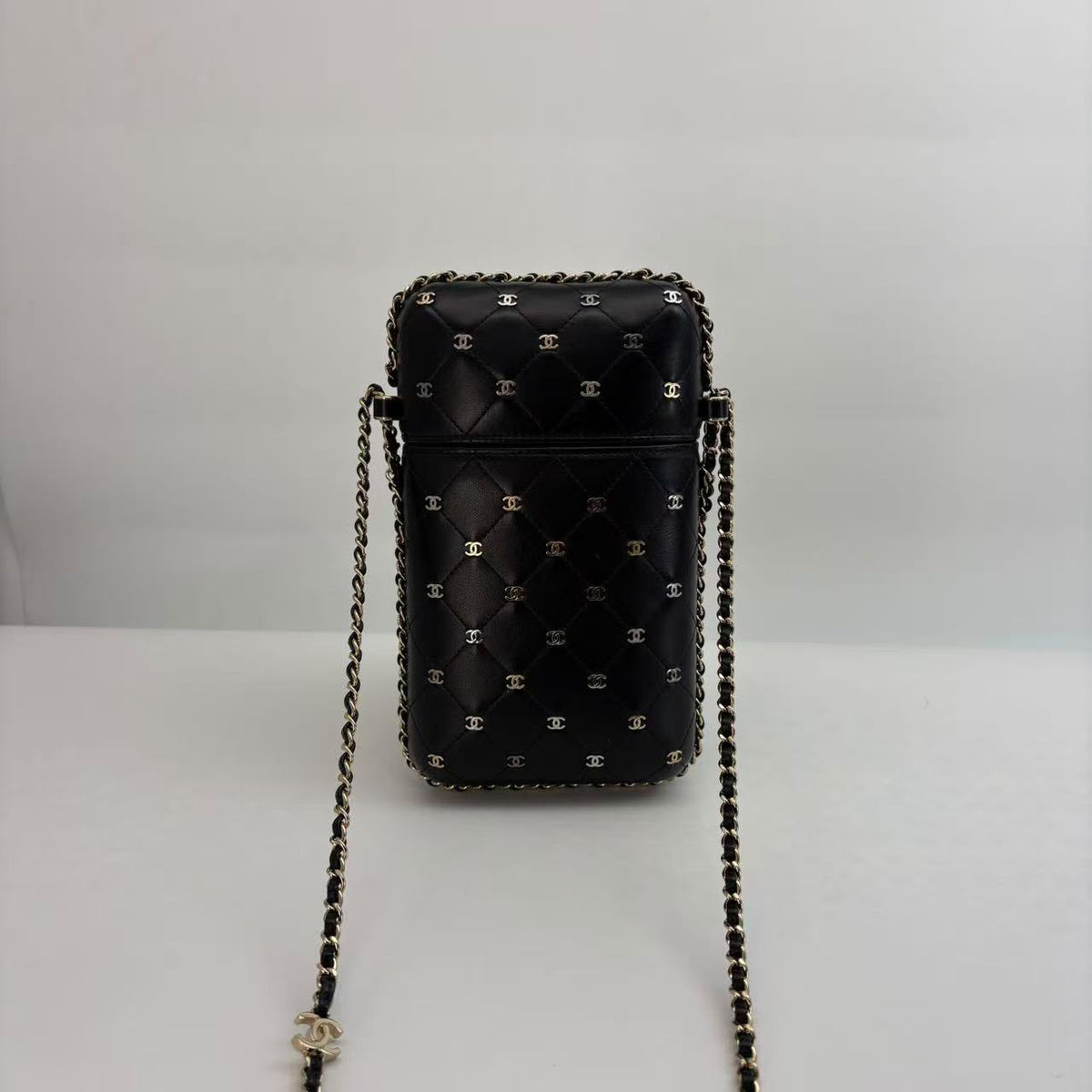 Chanel Black Studded Lambskin Chain Around Phone Holder Crossbody, Seal, Series 26