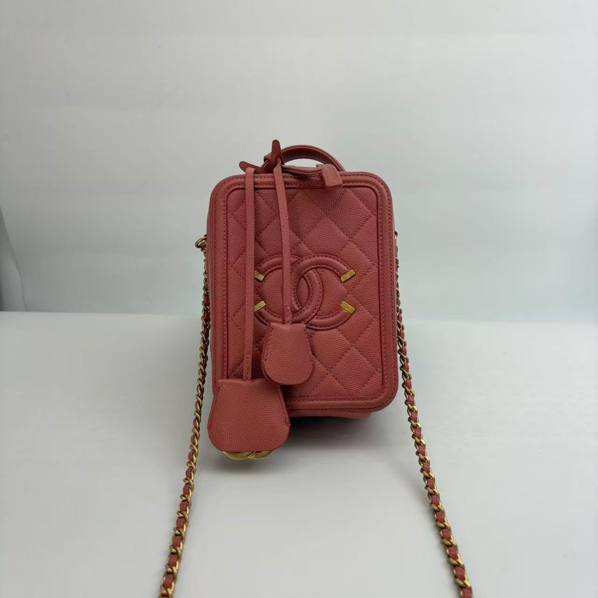 Chanel Pink Caviar Vertical Filigree Vanity Case, Seal, Lock, Key, Series 28