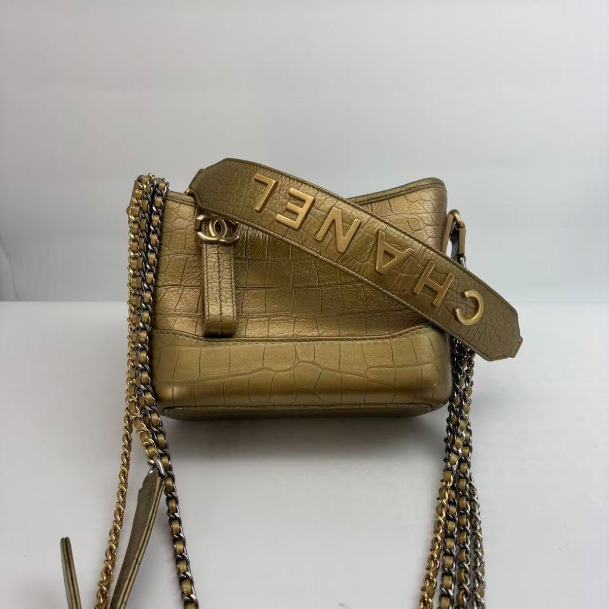 Chanel Gold Crocodile-Embossed Gabrielle Crossbody, Top Handle, Seal, Series 28