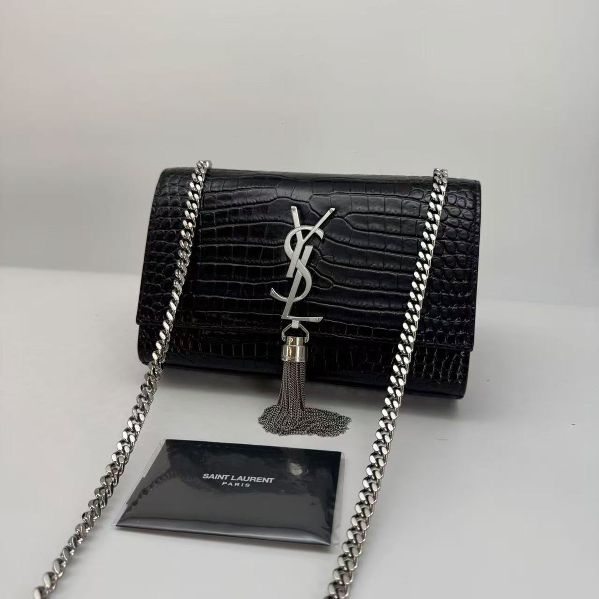 YSL Black Croc-Embossed Kate Crossbody, Booklet