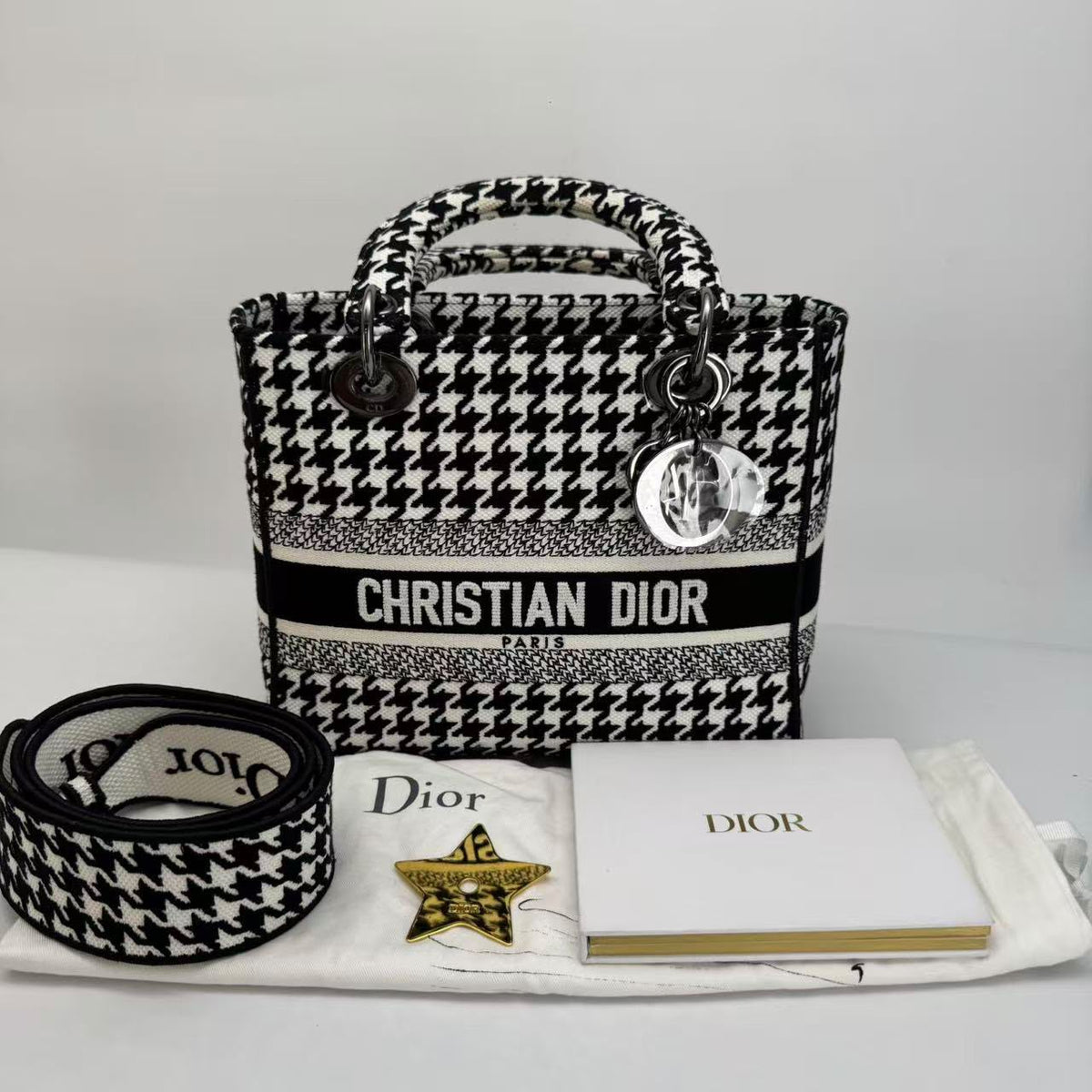 Dior Houndstooth Medium Lady Dior, Booklet, Dust Bag