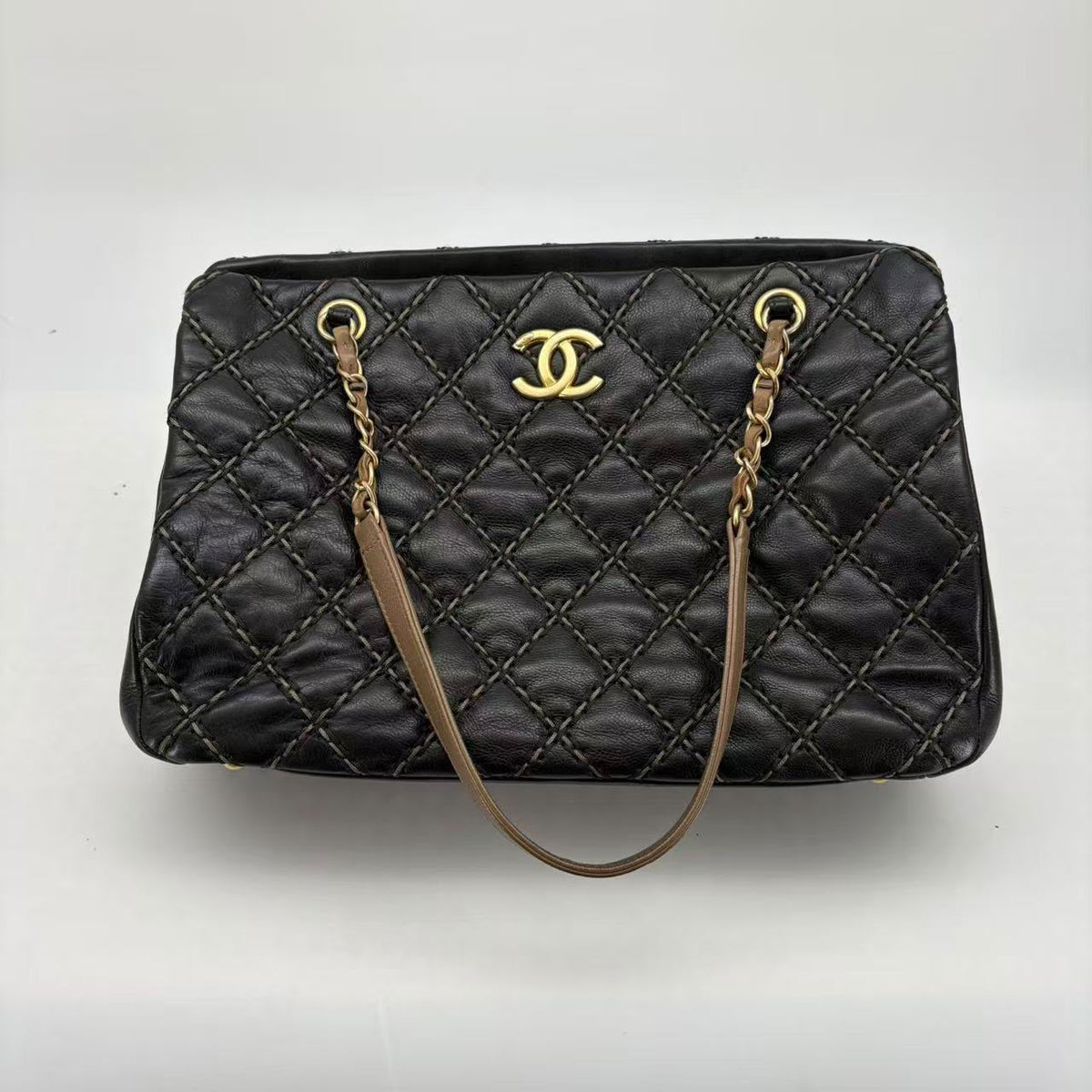 Chanel Black Taupe Wild Stitch Lambskin Tote, Gold Hardware, Series 19, Seal