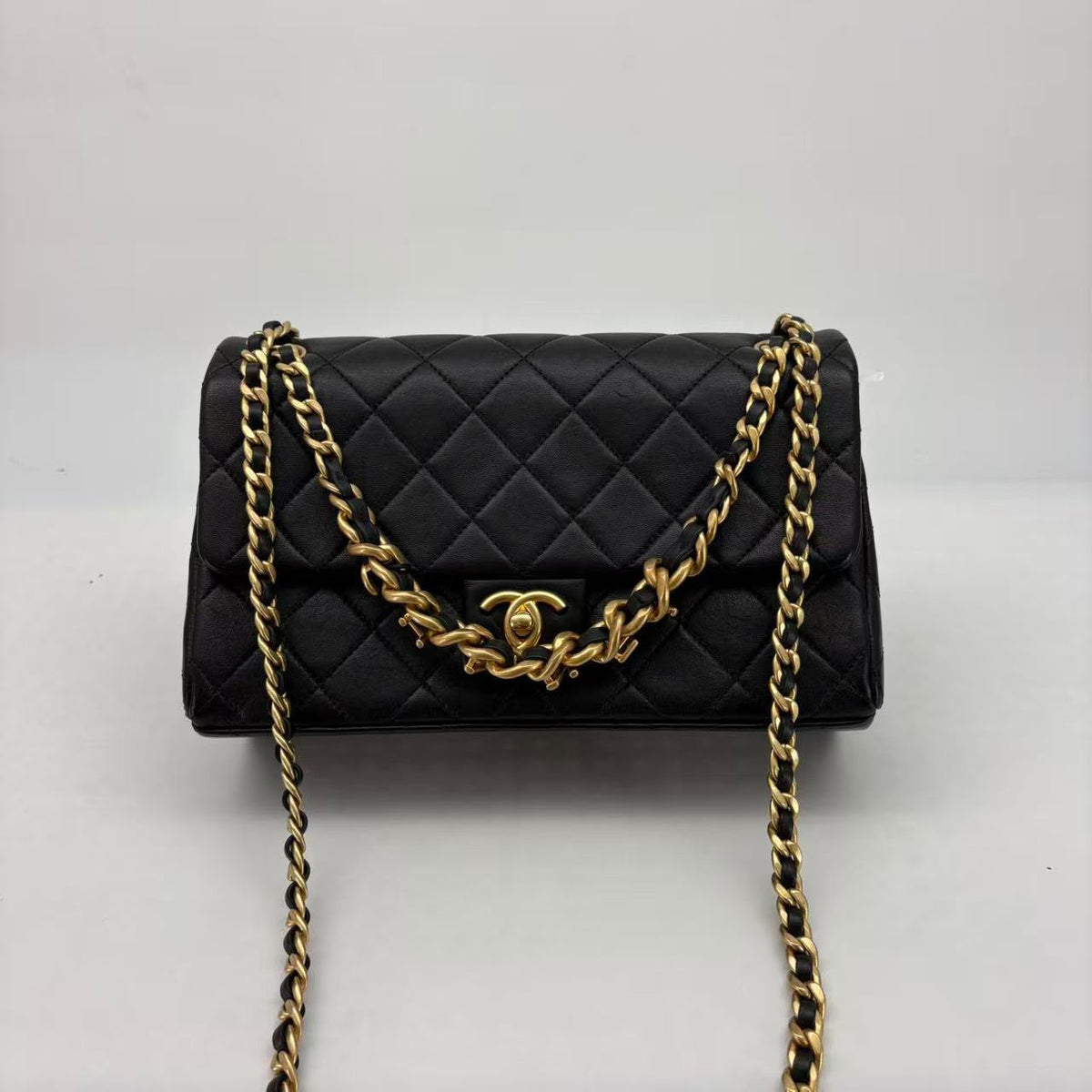 Chanel Black Medium Calfskin Flap, Gold Hardware, Chanel-Engraved Chain, Microchipped