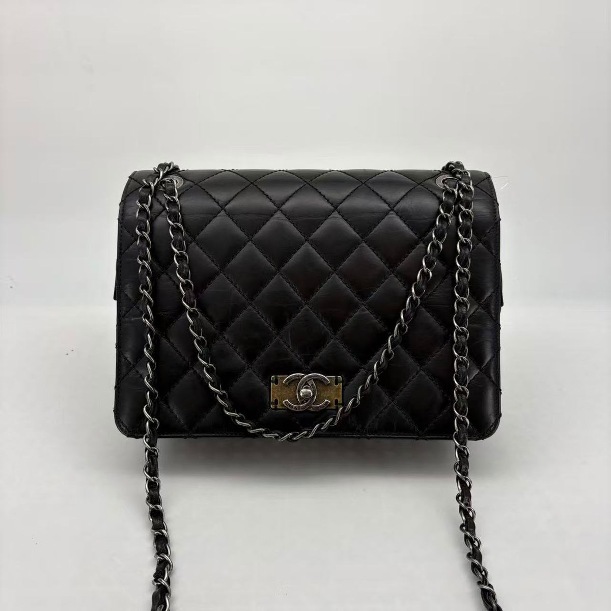 Chanel Black Calfskin Quilted Medium Flap, Ruthenium Hardware, Series 22, Seal
