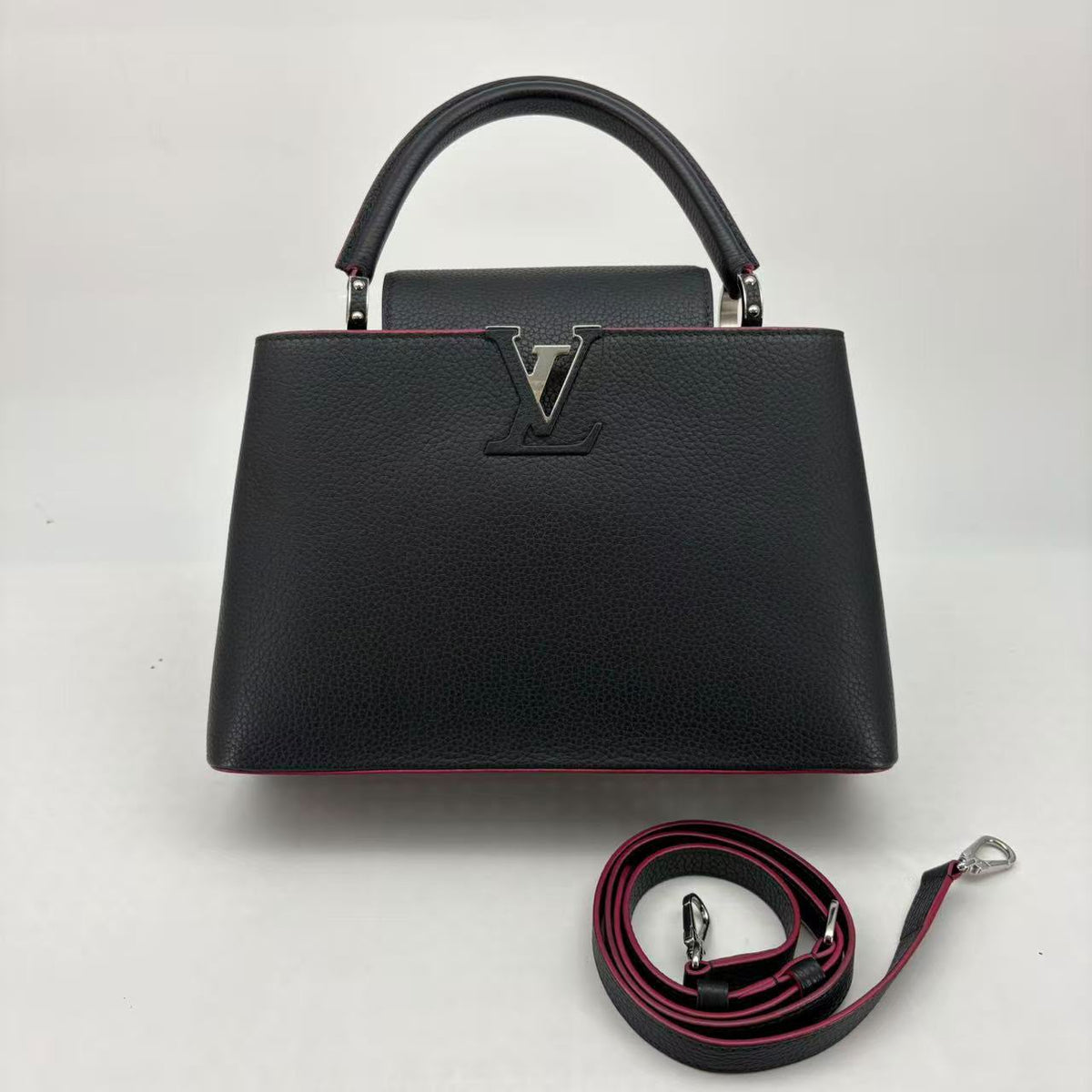 Louis Vuitton Black Pink Capucines PM, Silver Hardware