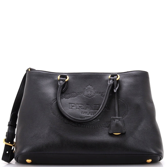 Prada Embossed Logo Convertible Open Tote Glace Calf Medium
