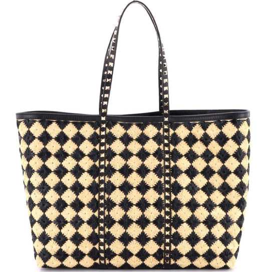 Valentino Garavani Rockstud Shopping Bag Check Embroidered Raffia Large