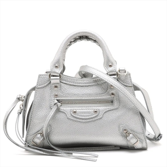 Balenciaga Mini Neo Classic City Leather 2 Way Handbag Silver 638524